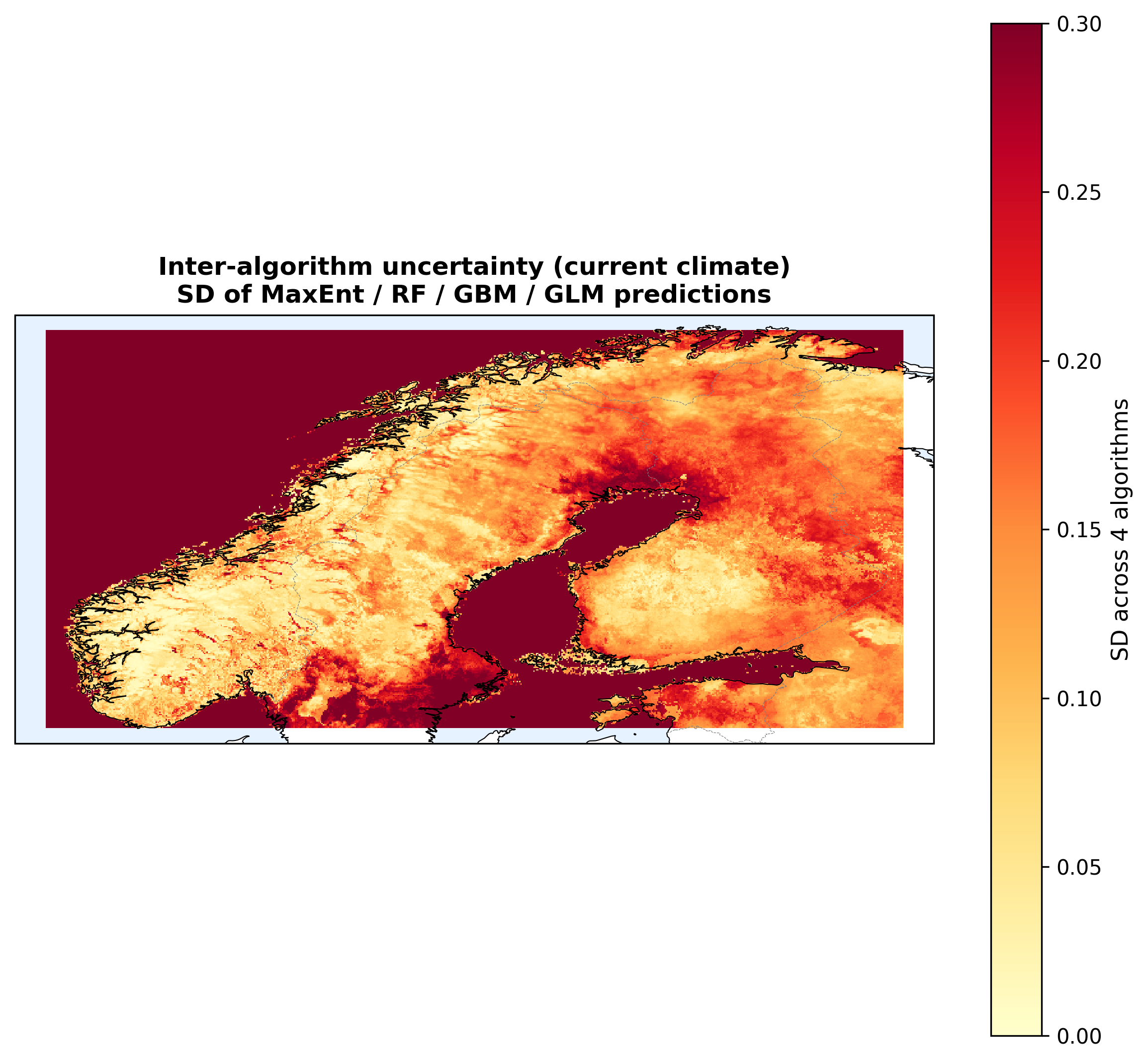 Figure 5. Inter-algorithm uncertainty map. The per-pixel standard deviation of the four algorithms' predictions under current climate. Low SD (yellow) = algorithms agree. High SD (dark red) = sharp disagreement, typically at transitional environments near the range margin.