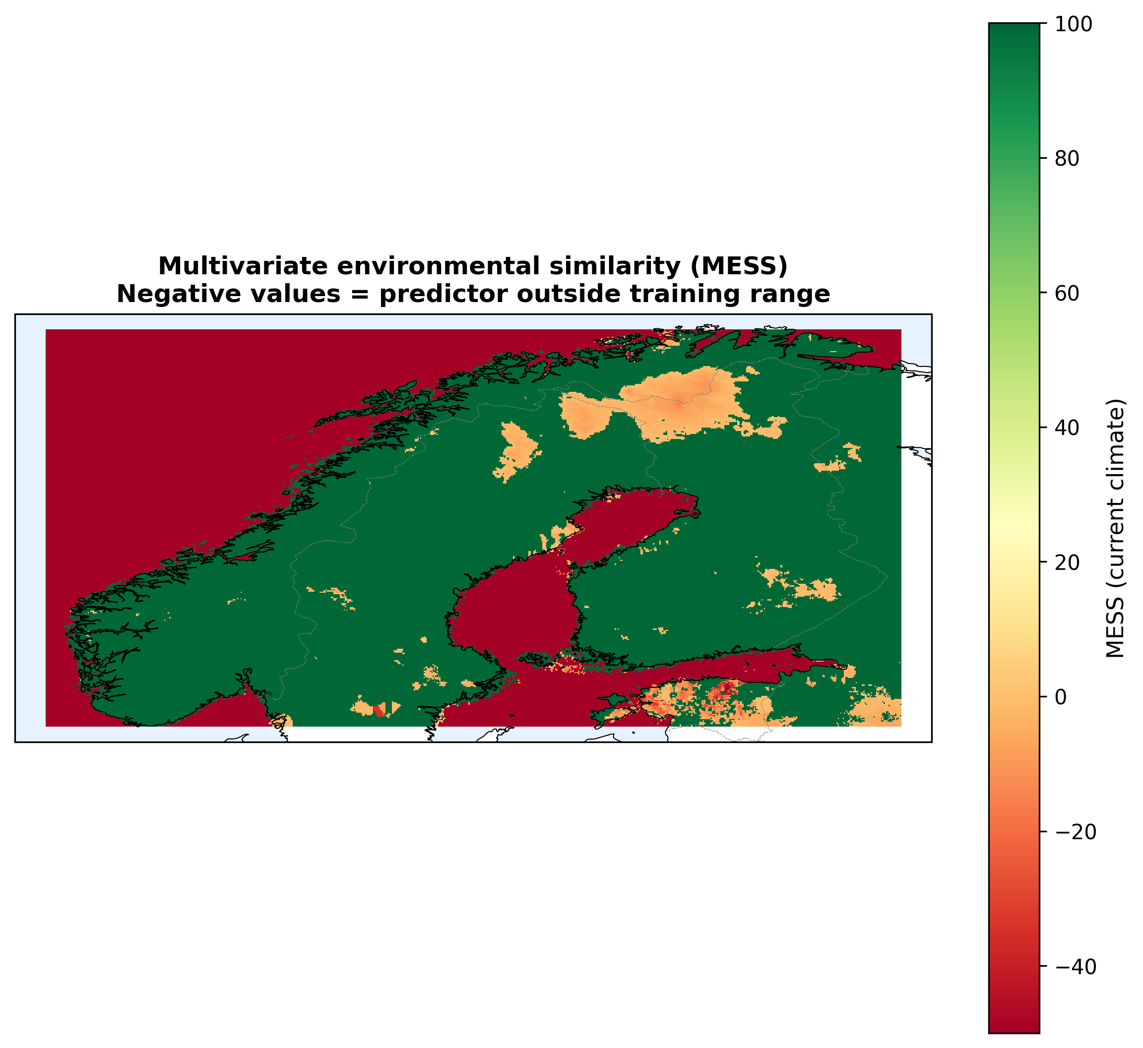 Figure 10. MESS for current climate. Green = well inside training envelope. Orange/red = predictor values outside training range (extrapolation). Approximately 40% of Norway is in the red zone under current climate; under SSP5-8.5 this fraction grows.